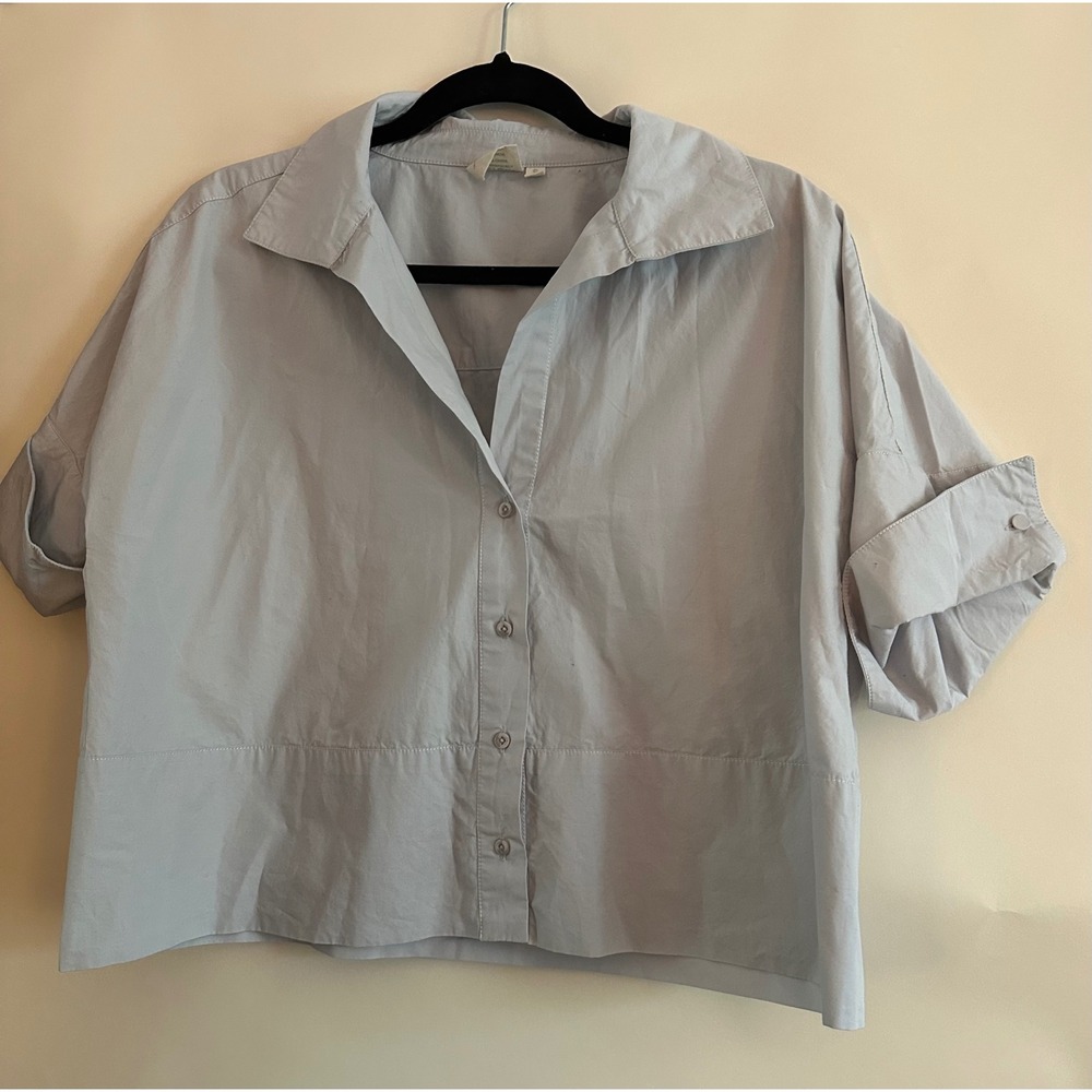 Julia Amory Antibes Gracie Blue Cotton Cropped Button Down Shirt Boxy Small